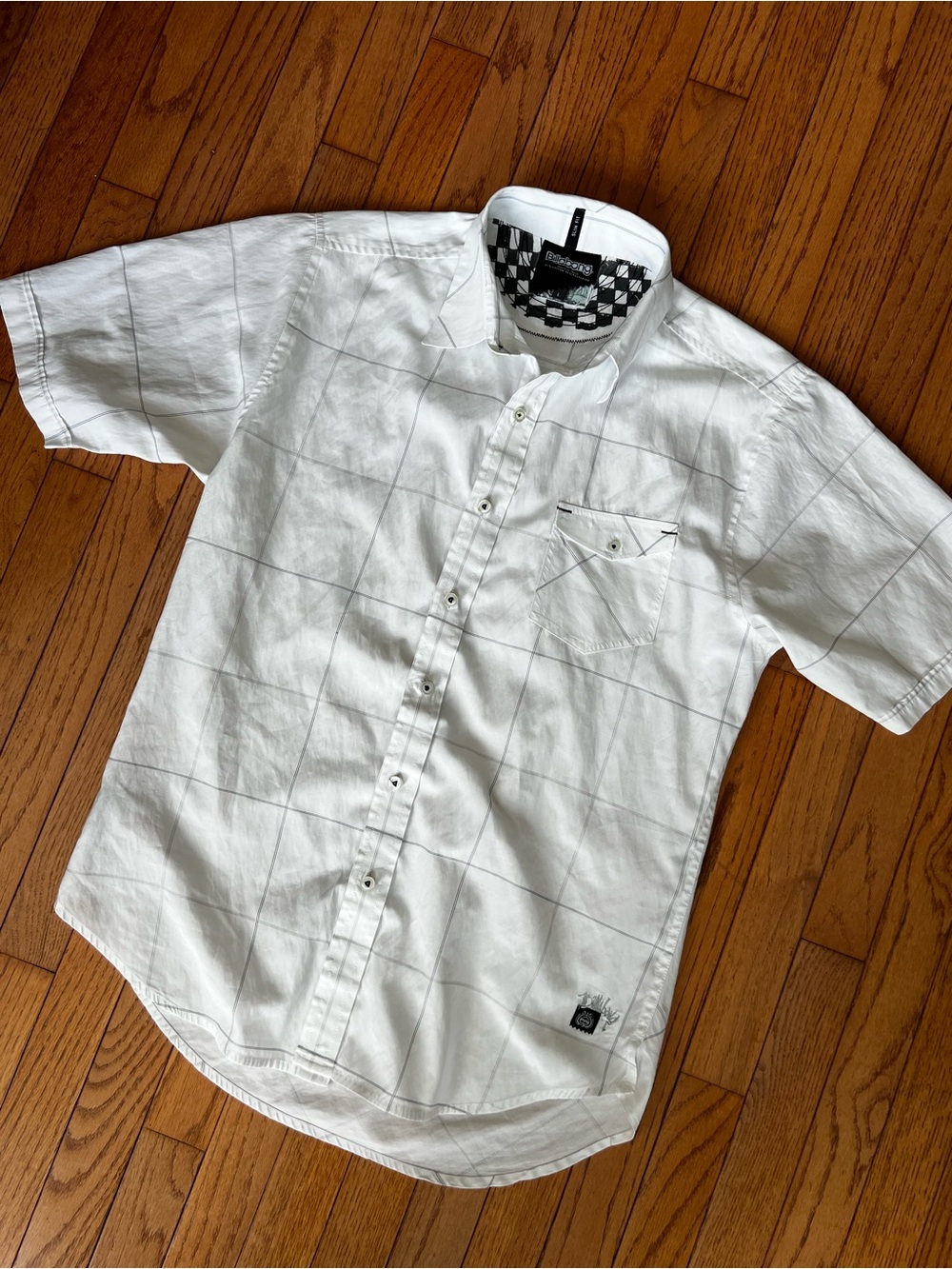 Billabong White Short-Sleeve Windowpane Button-Up Shirt Large Slim Fit